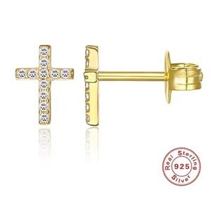 925 Silver Cross‎ Earrings 14k Gold Overlay Cubic Zirconia Studs Religious